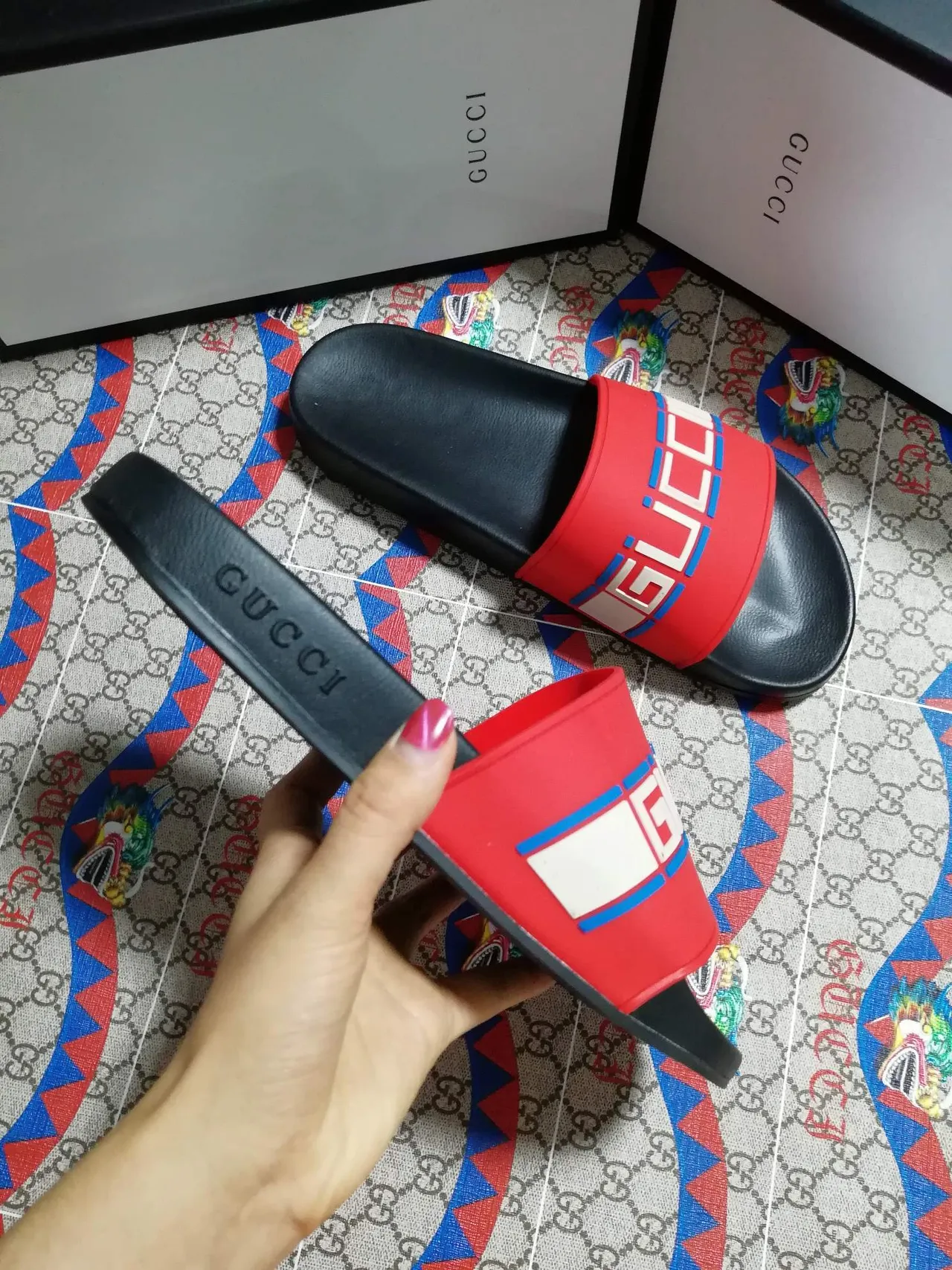 Gucci Screener Red and Black Logo Strap Slippers 5