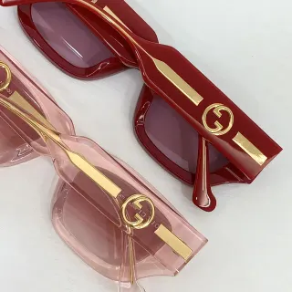 Gucci Screener Red Pink Rectangular Frame Thick Acetate Temples Sunglasses