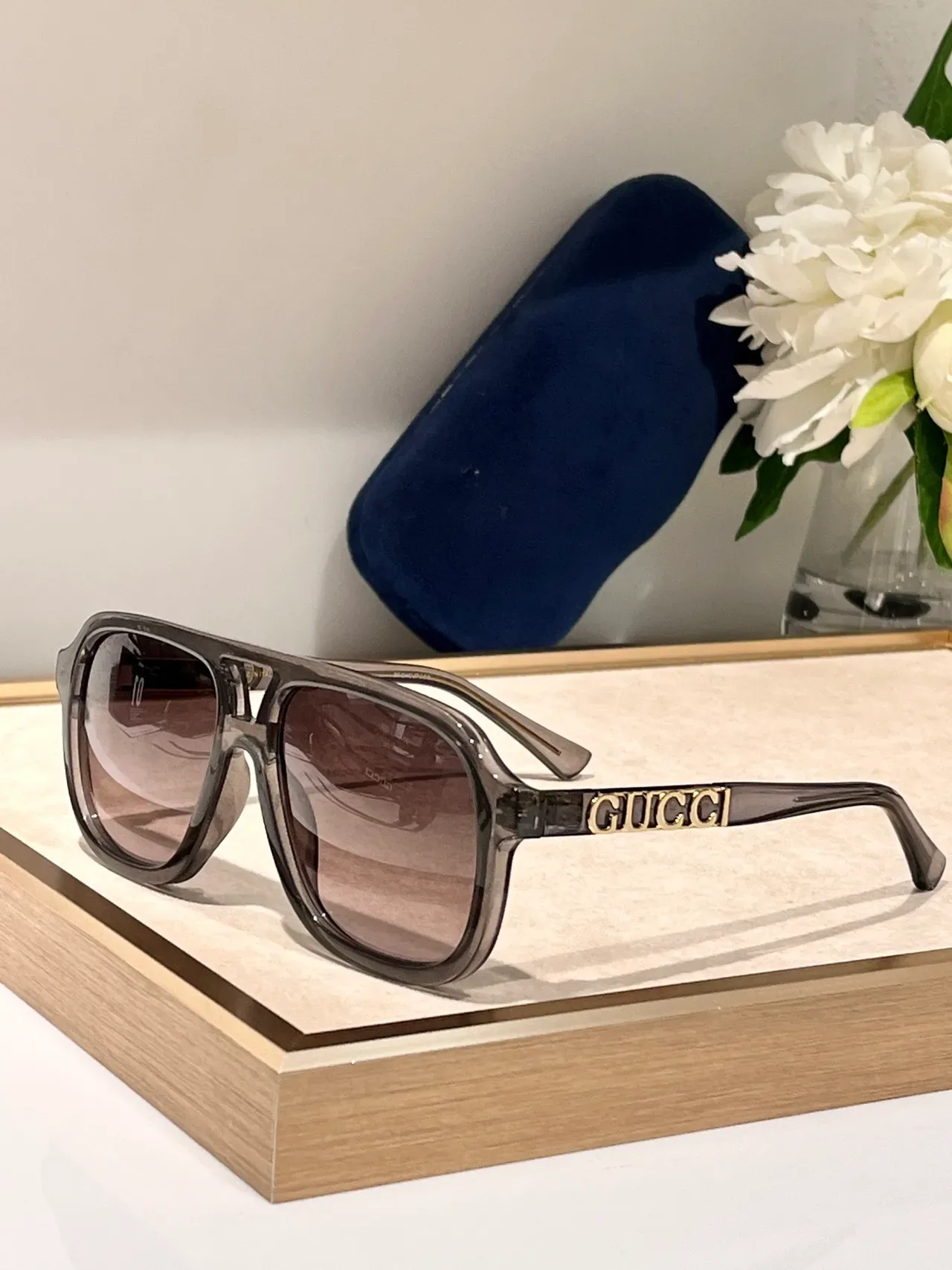 Gucci Screener Translucent Smoky Gray Logo-Temple Sunglasses 9