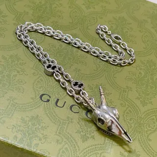 Gucci Silver Black Metal Sculptural Skull Pendant Necklace