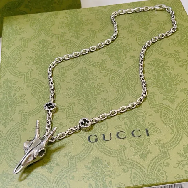 Gucci Silver Black Metal Sculptural Skull Pendant Necklace 4
