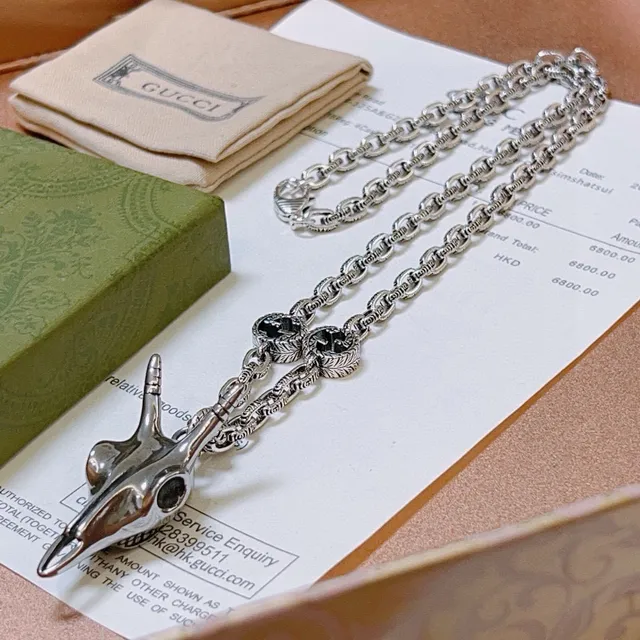 Gucci Silver Black Metal Sculptural Skull Pendant Necklace 9