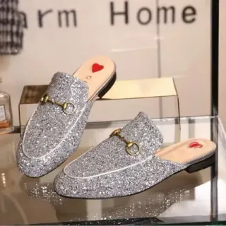 Gucci Silver Gold Glitter-Covered Horsebit-Buckle Casual Shoes
