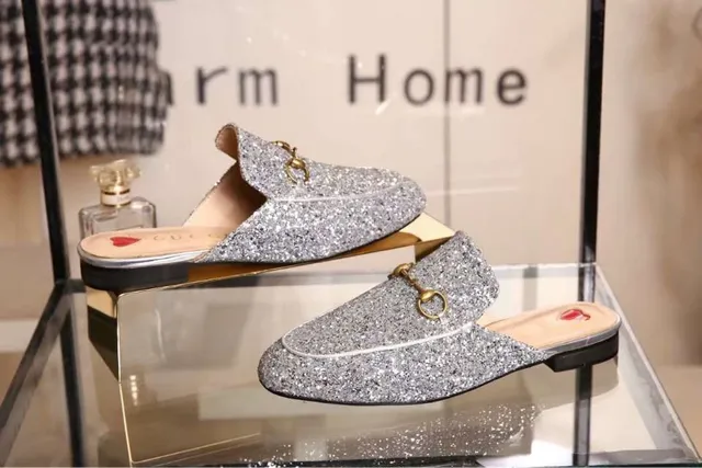 Gucci Silver Gold Glitter-Covered Horsebit-Buckle Casual Shoes 6
