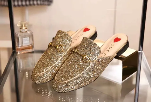Gucci Silver Gold Glitter-Covered Horsebit-Buckle Casual Shoes 7