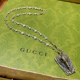 Gucci Silver Green Chain Floral-Link Motifs Necklace