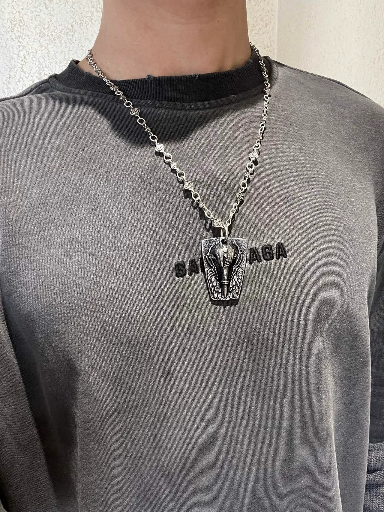 Gucci Silver Green Chain Floral-Link Motifs Necklace 8
