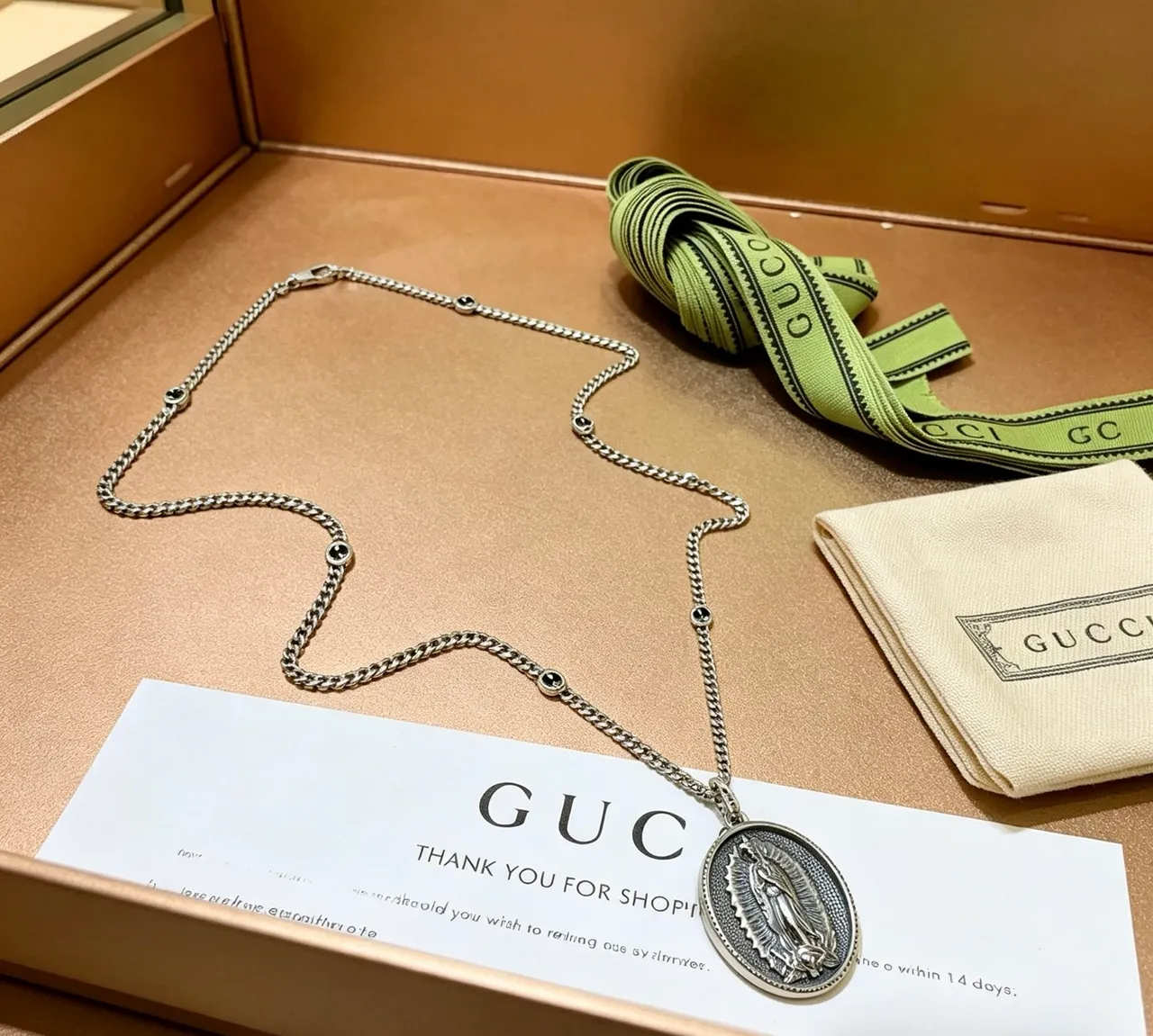 Gucci Silver Green Curb Chain Oval Religious Medallion Necklace 3