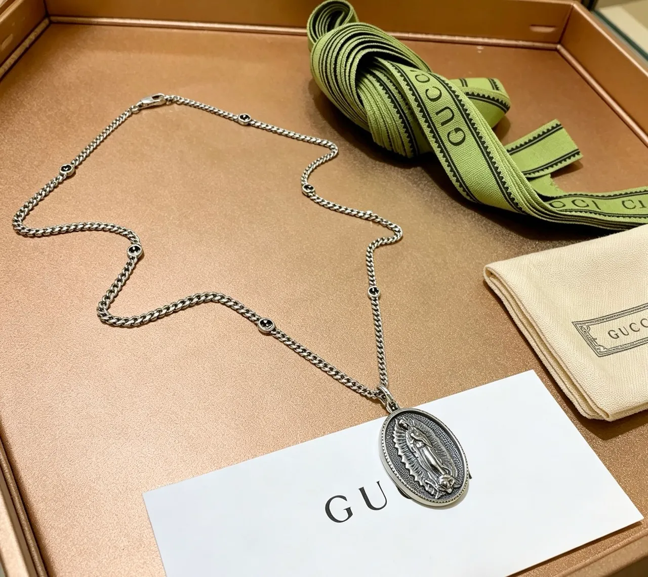 Gucci Silver Green Curb Chain Oval Religious Medallion Necklace 5