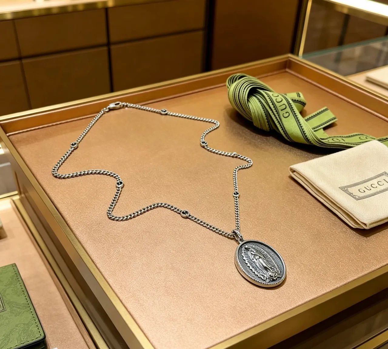 Gucci Silver Green Curb Chain Oval Religious Medallion Necklace 6