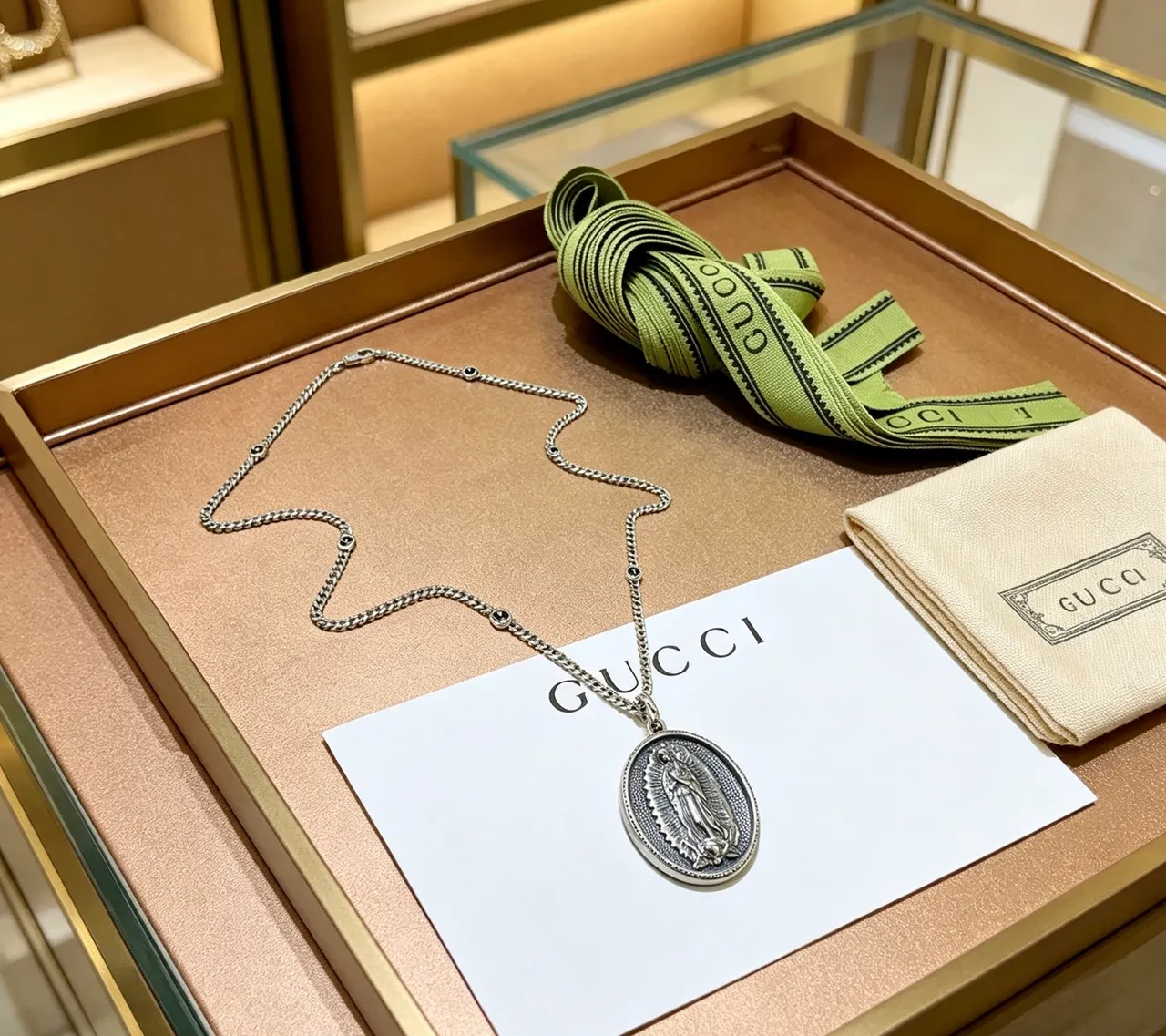 Gucci Silver Green Curb Chain Oval Religious Medallion Necklace 2