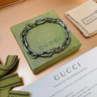 Gucci Silver Green Oxidized Heavy Oval-Link Chain Bracelet