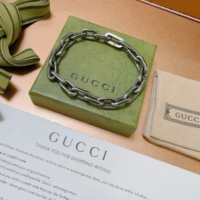 Gucci Silver Green Oxidized Heavy Oval-Link Chain Bracelet 3