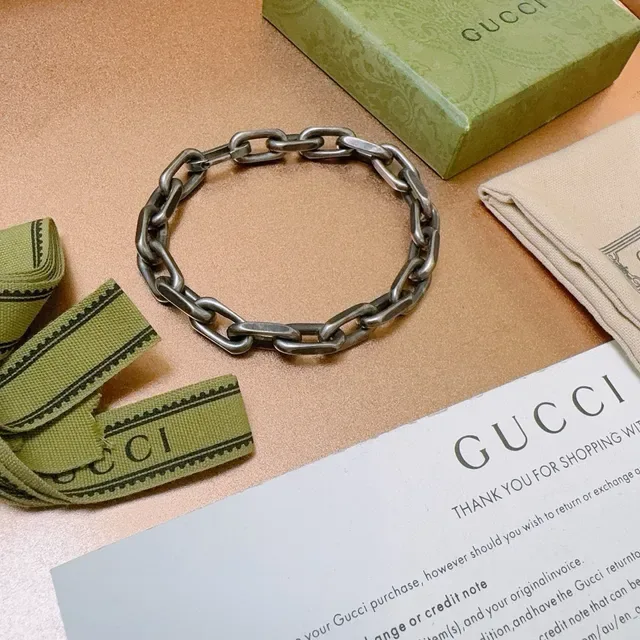 Gucci Silver Green Oxidized Heavy Oval-Link Chain Bracelet 6