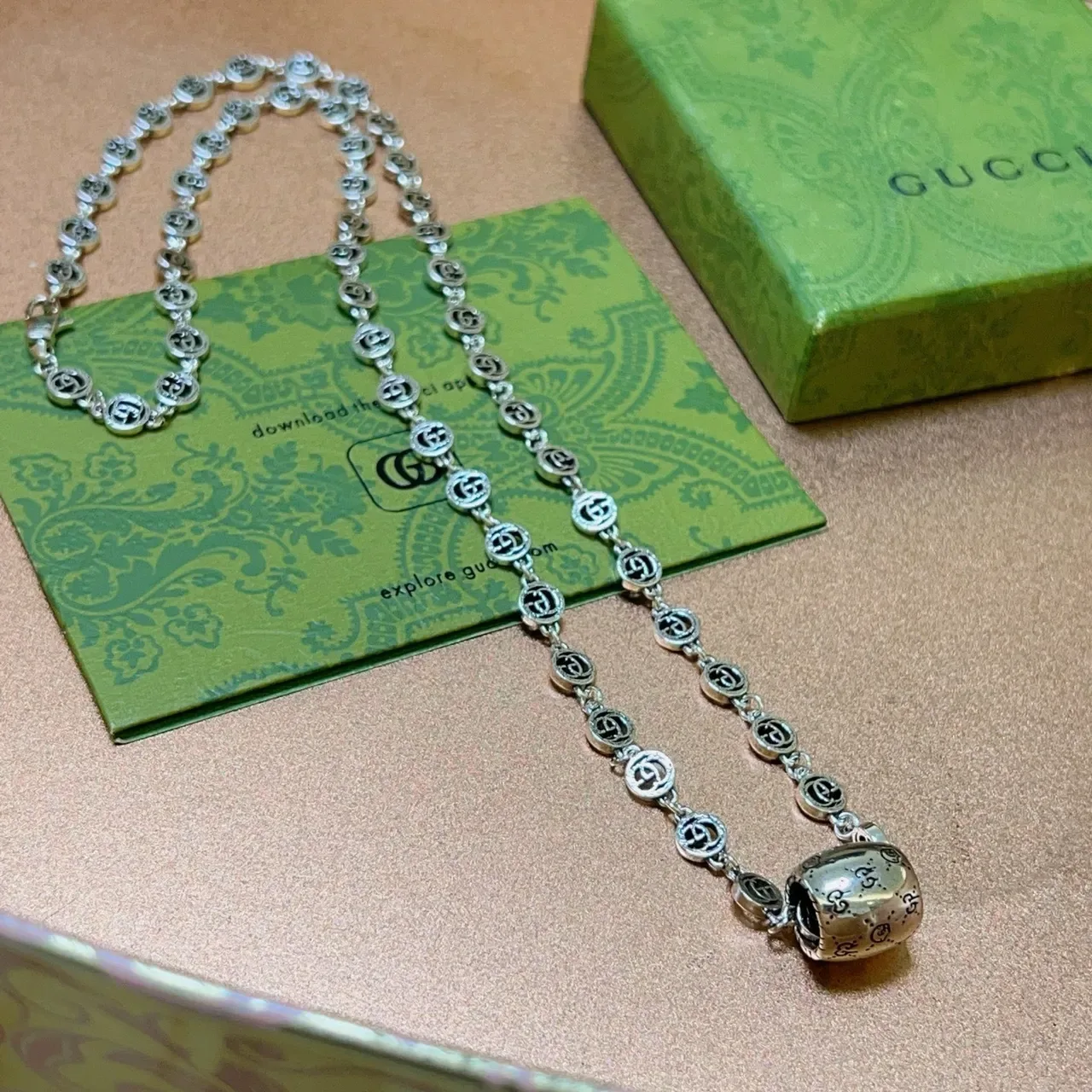 Gucci Silver Interlocking GG Link Chain Cylindrical Engraved Pendant Necklace 3