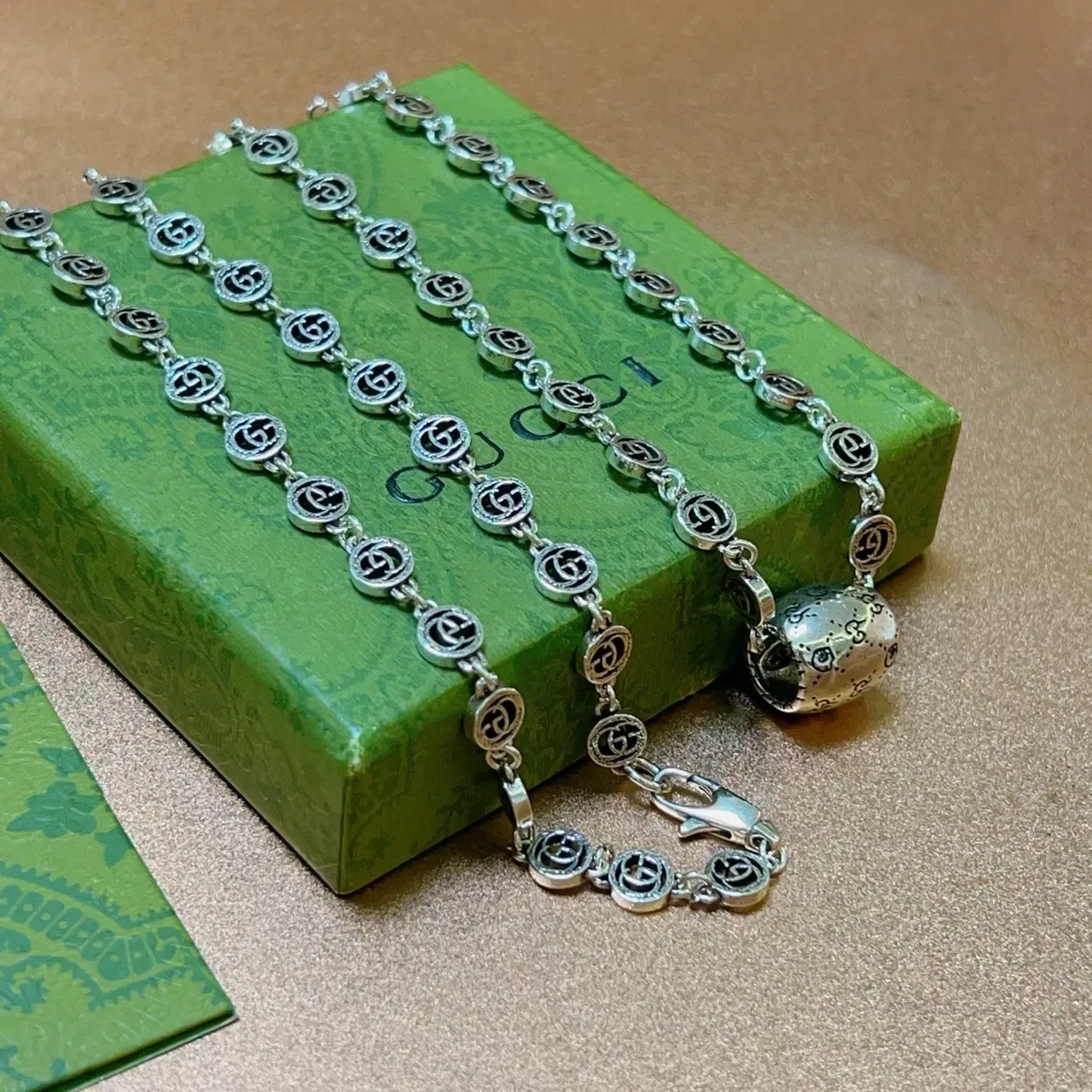Gucci Silver Interlocking GG Link Chain Cylindrical Engraved Pendant Necklace 6