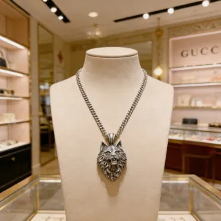 Gucci Silver Sculptural Wolf Head Oxidized Finish Necklace