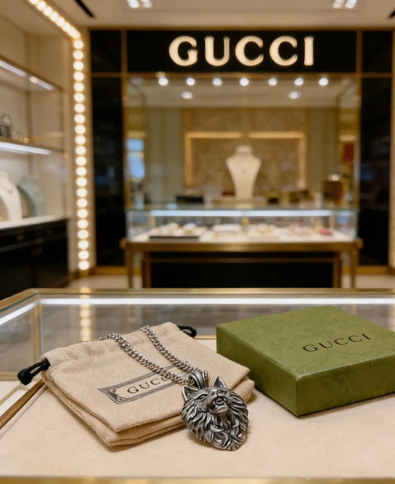 Gucci Silver Sculptural Wolf Head Oxidized Finish Necklace 5
