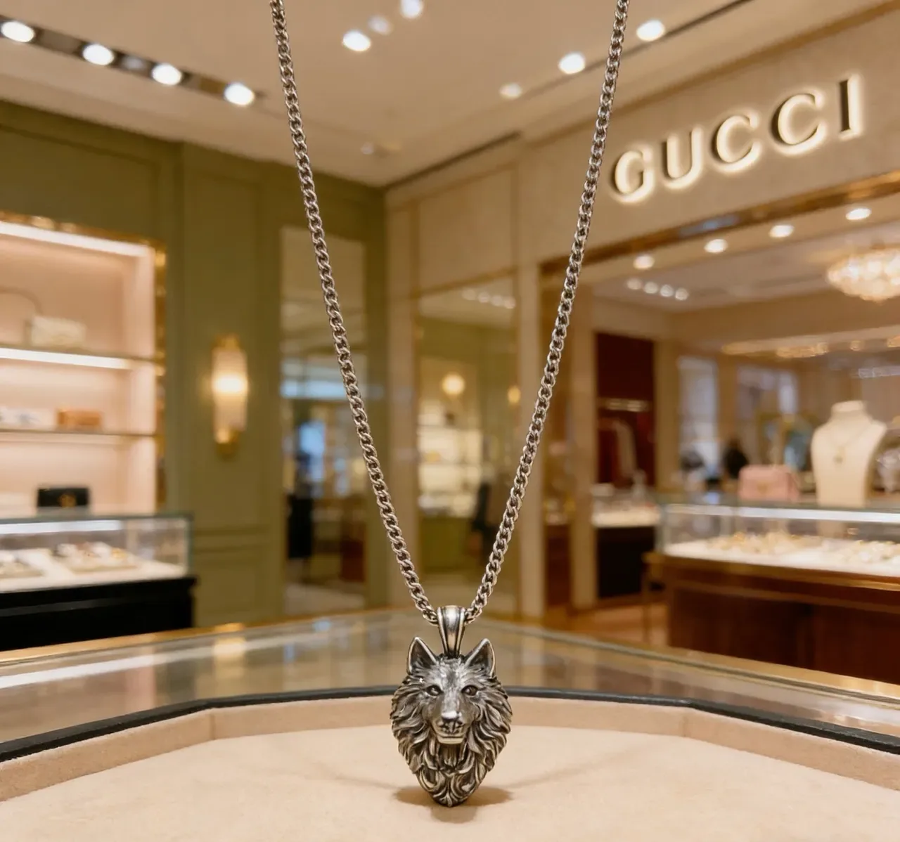 Gucci Silver Sculptural Wolf Head Oxidized Finish Necklace 7