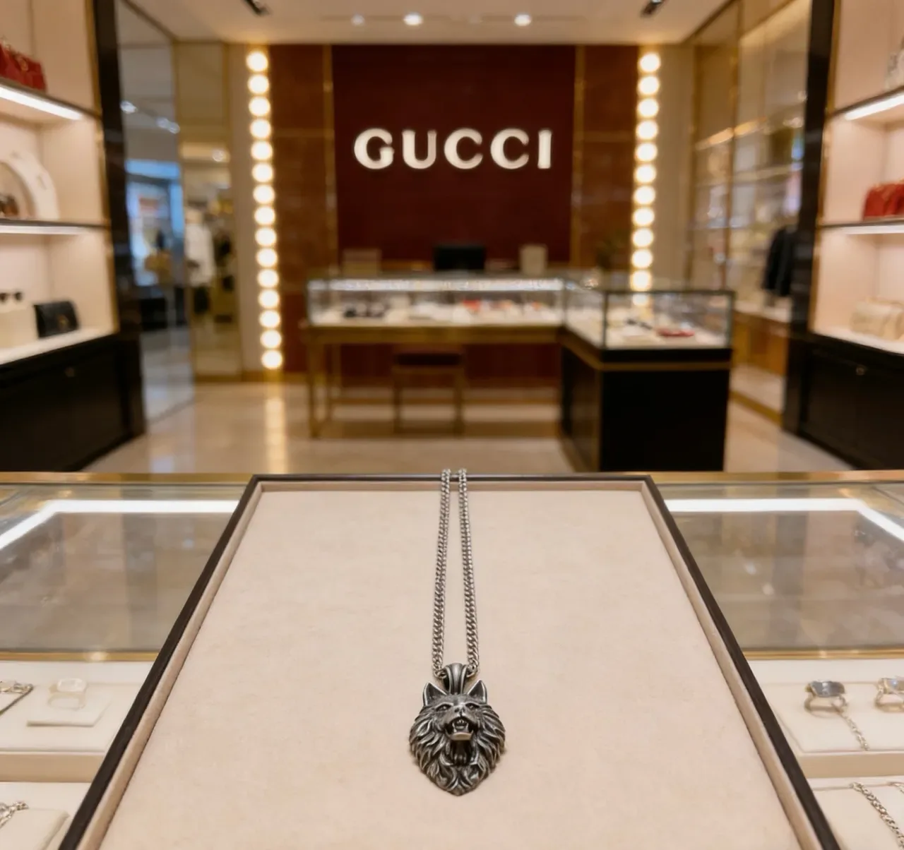 Gucci Silver Sculptural Wolf Head Oxidized Finish Necklace 8