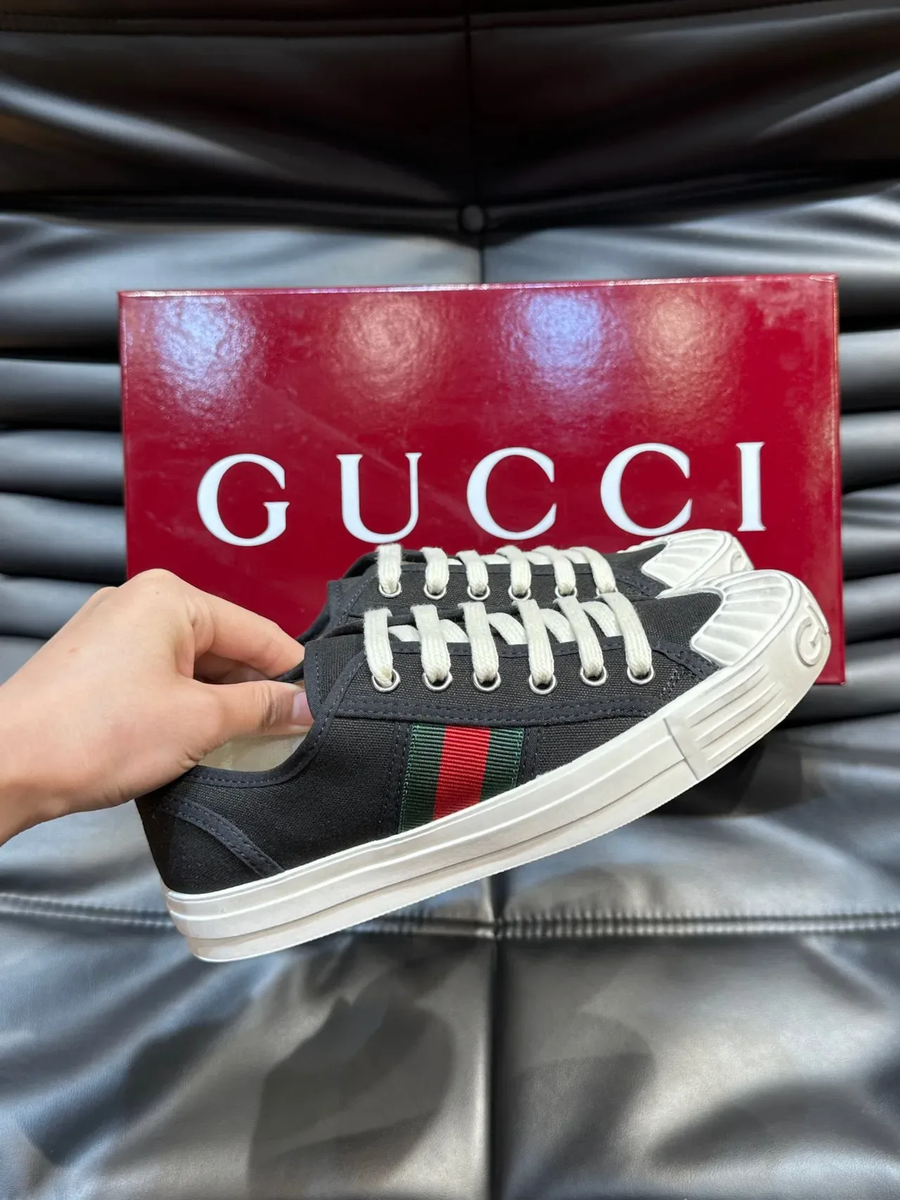 Gucci Tennis 1977 Black Red Canvas Upper Web Stripe Detail Lifestyle Sneakers 4