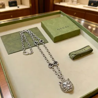 Gucci Tiger Silver Black Chain Head Pendant Necklace
