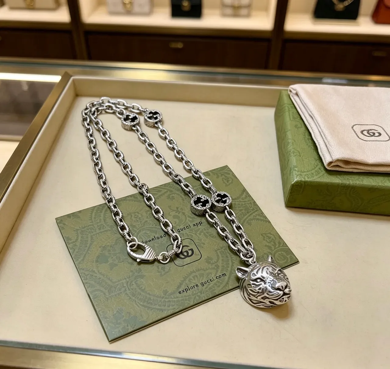 Gucci Tiger Silver Black Chain Head Pendant Necklace 7