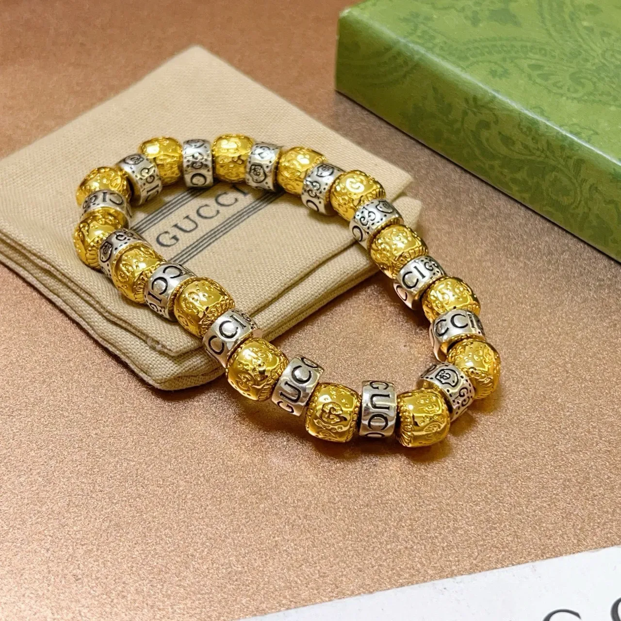 Gucci Two-Tone Engraved Logo Beaded Stretch Bracelet 2