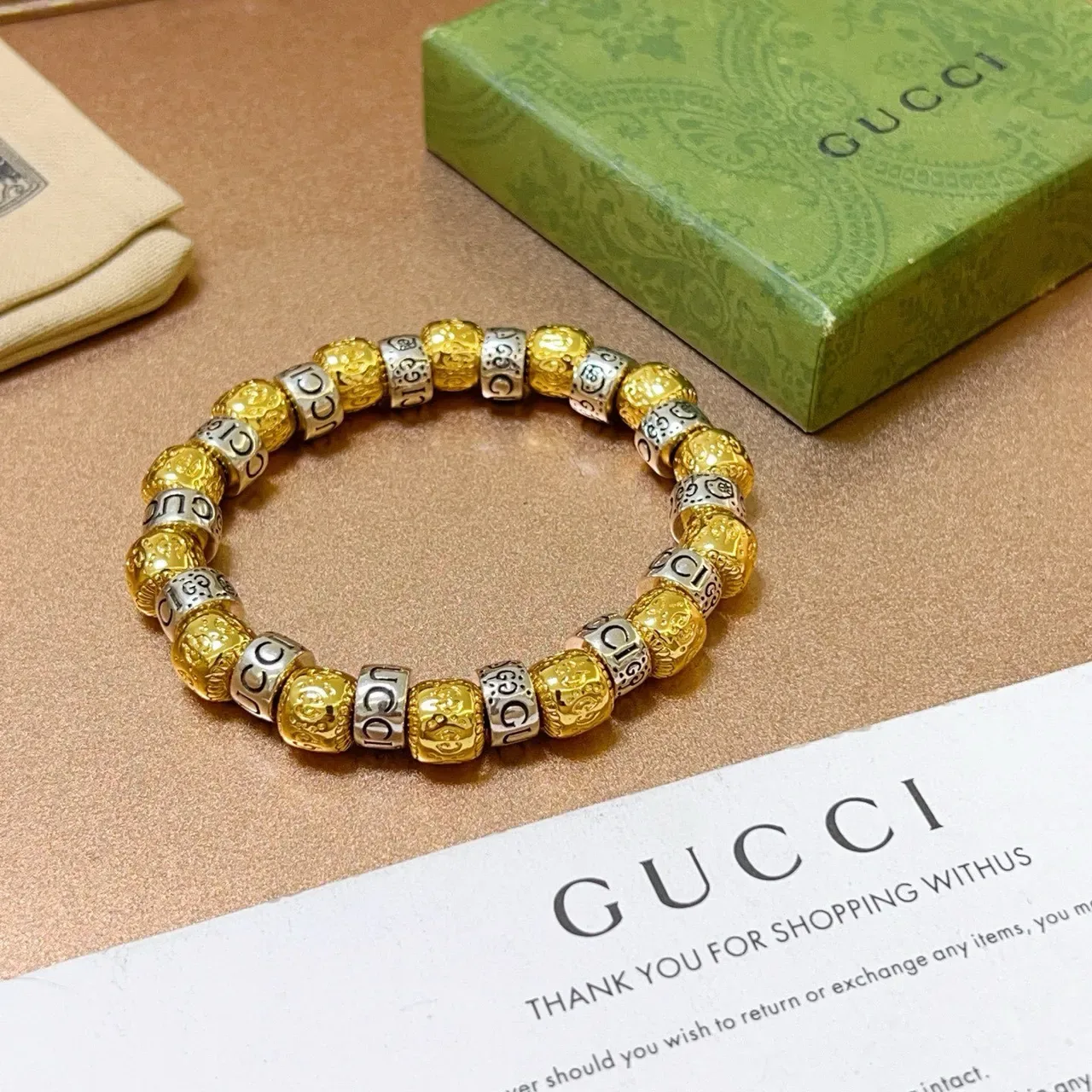 Gucci Two-Tone Engraved Logo Beaded Stretch Bracelet 3