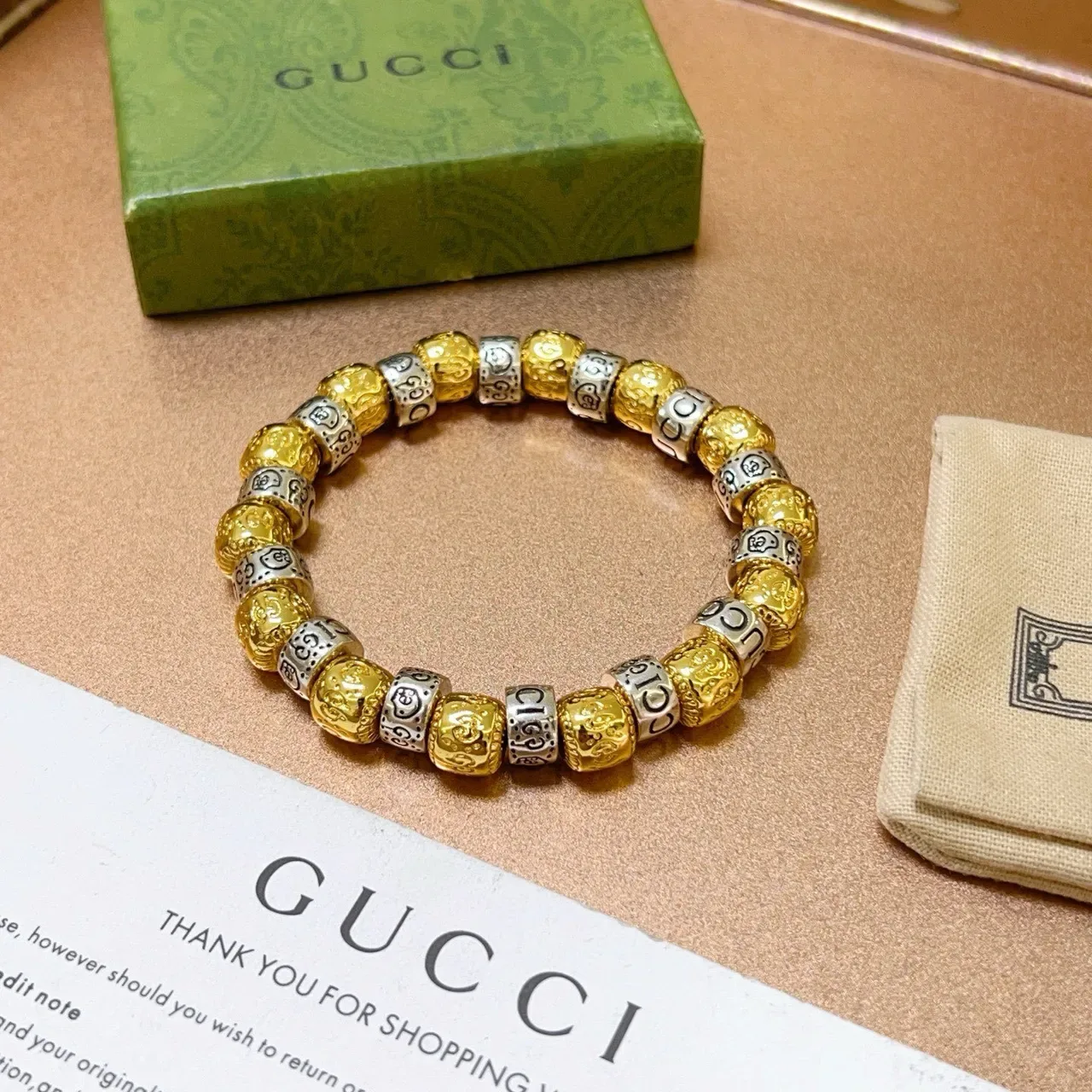 Gucci Two-Tone Engraved Logo Beaded Stretch Bracelet 4