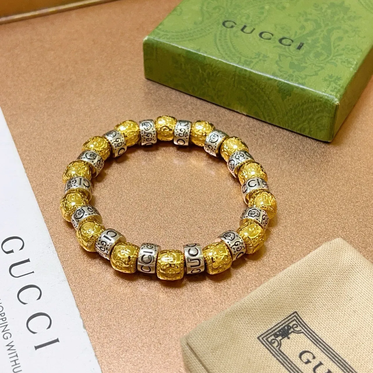 Gucci Two-Tone Engraved Logo Beaded Stretch Bracelet 9
