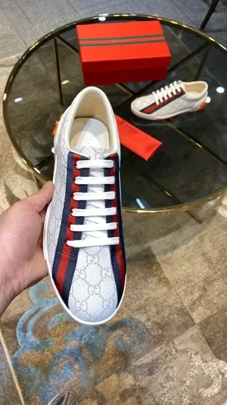 Gucci White Red GG Monogram Canvas Side Stripe Lifestyle Sneakers 2