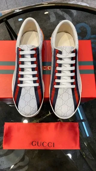 Gucci White Red GG Monogram Canvas Side Stripe Lifestyle Sneakers 3