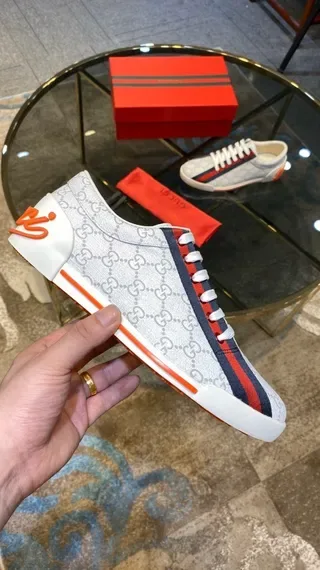 Gucci White Red GG Monogram Canvas Side Stripe Lifestyle Sneakers 4