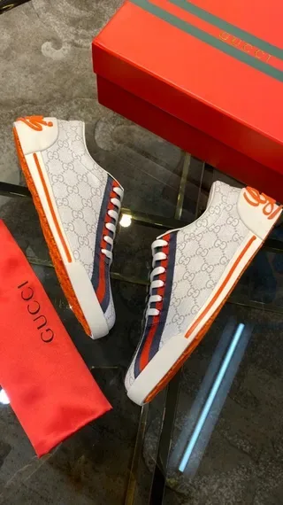 Gucci White Red GG Monogram Canvas Side Stripe Lifestyle Sneakers 5