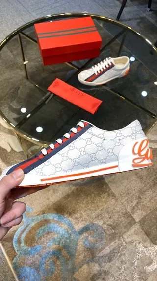 Gucci White Red GG Monogram Canvas Side Stripe Lifestyle Sneakers 7