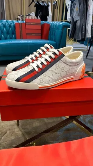 Gucci White Red GG Monogram Canvas Side Stripe Lifestyle Sneakers 8