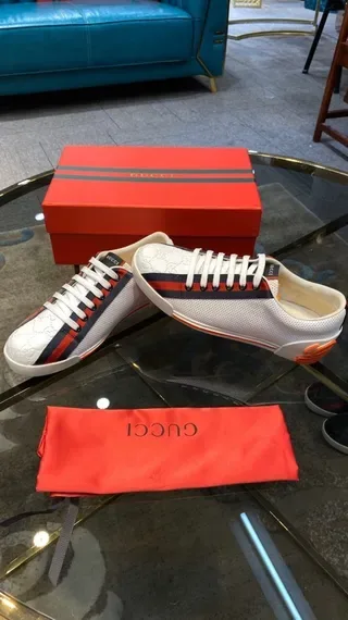 Gucci White Red GG Monogram Canvas Side Stripe Lifestyle Sneakers 9