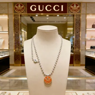 Gucci x Adidas Orange Enamel Trefoil Pendant Silver Ball-Chain Necklace