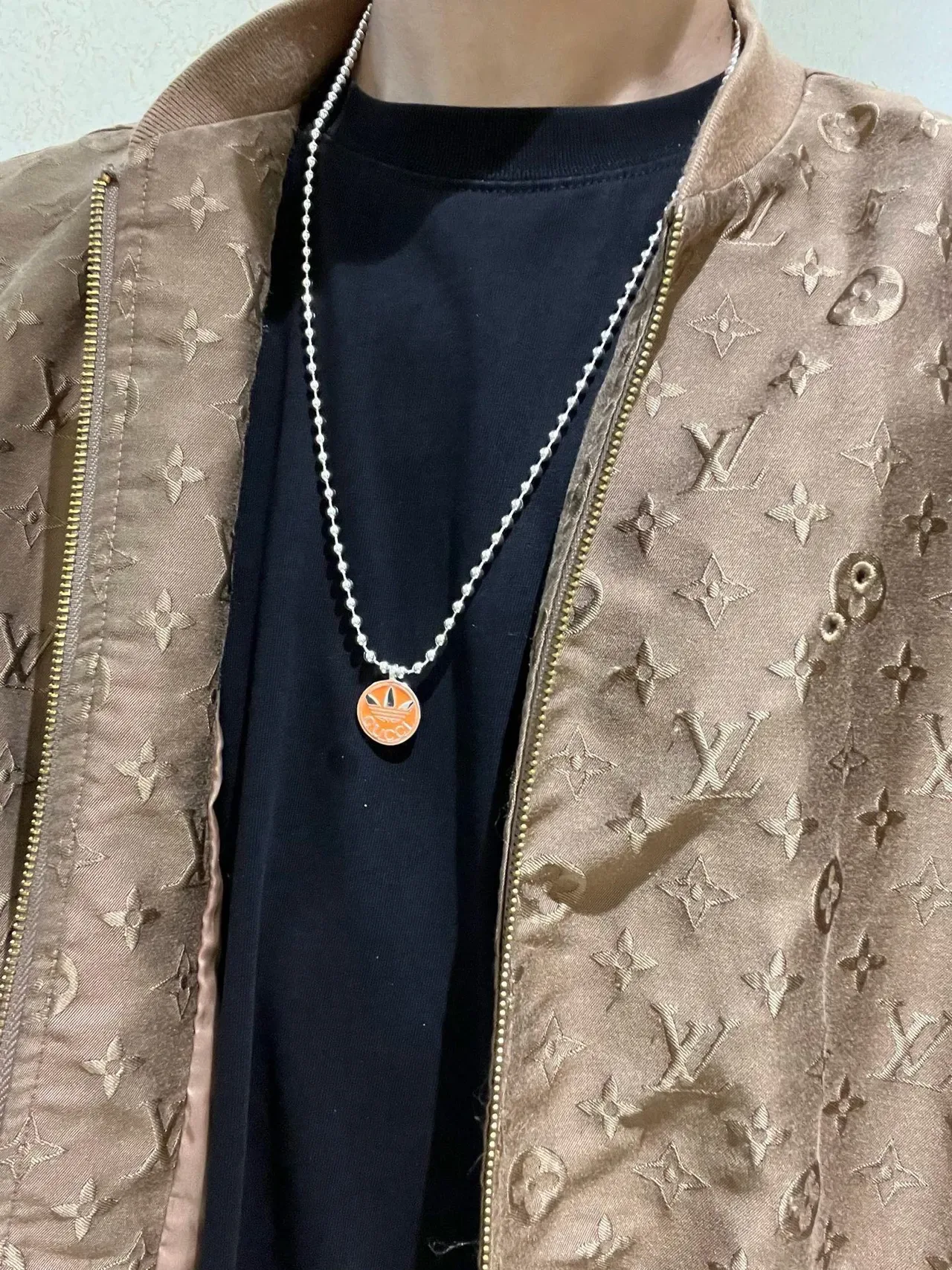 Gucci x Adidas Orange Enamel Trefoil Pendant Silver Ball-Chain Necklace 2