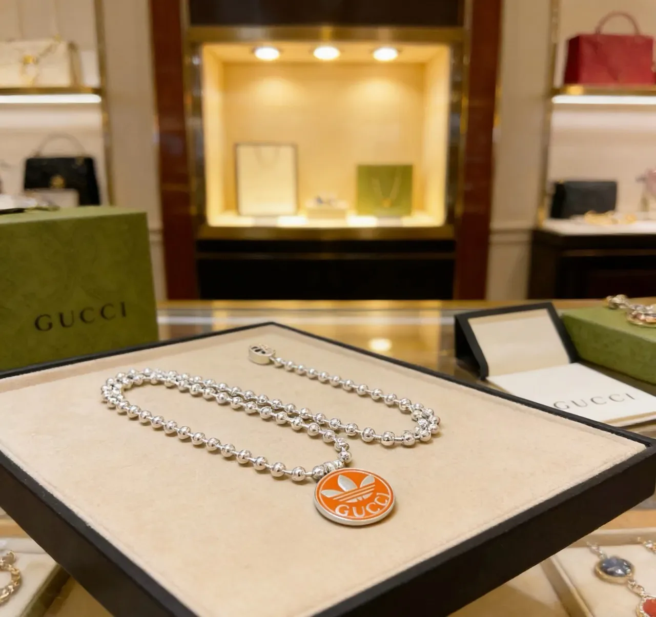 Gucci x Adidas Orange Enamel Trefoil Pendant Silver Ball-Chain Necklace 3