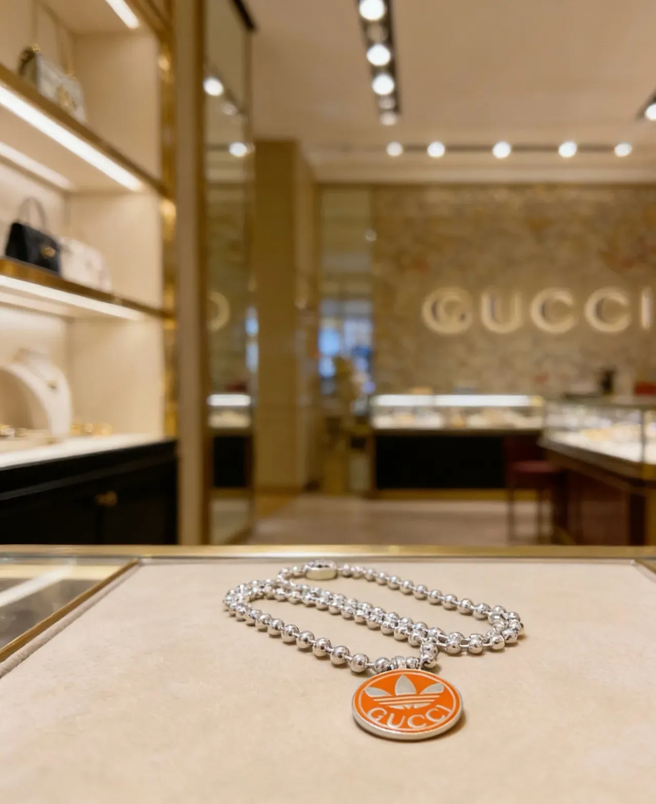 Gucci x Adidas Orange Enamel Trefoil Pendant Silver Ball-Chain Necklace 4
