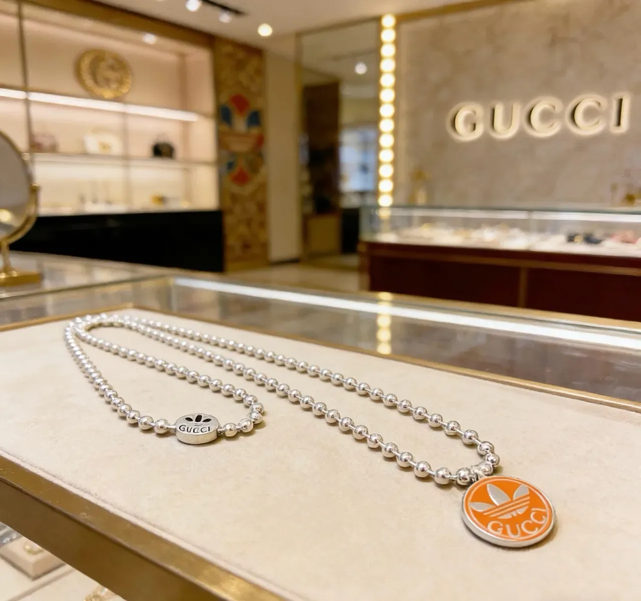 Gucci x Adidas Orange Enamel Trefoil Pendant Silver Ball-Chain Necklace 6