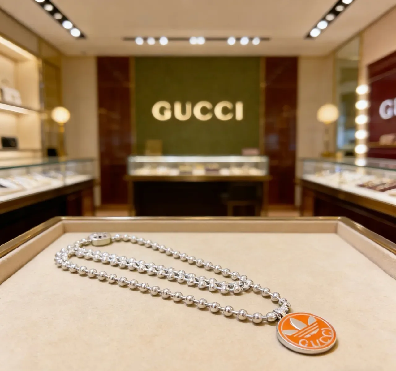 Gucci x Adidas Orange Enamel Trefoil Pendant Silver Ball-Chain Necklace 7