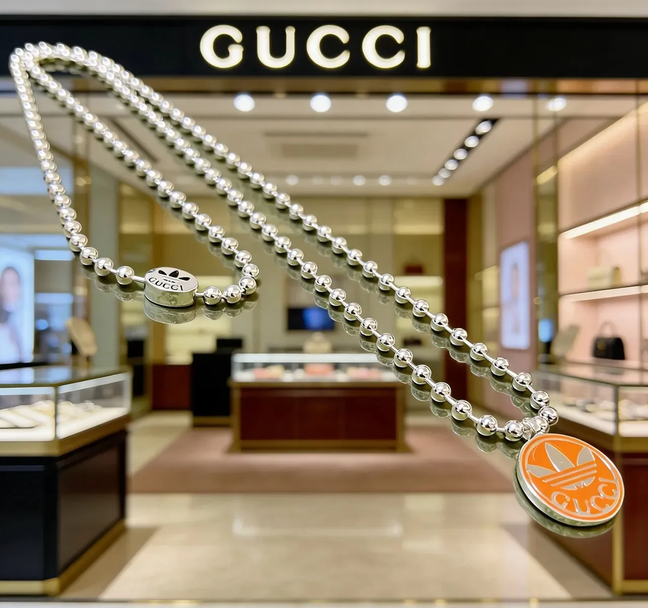 Gucci x Adidas Orange Enamel Trefoil Pendant Silver Ball-Chain Necklace 9