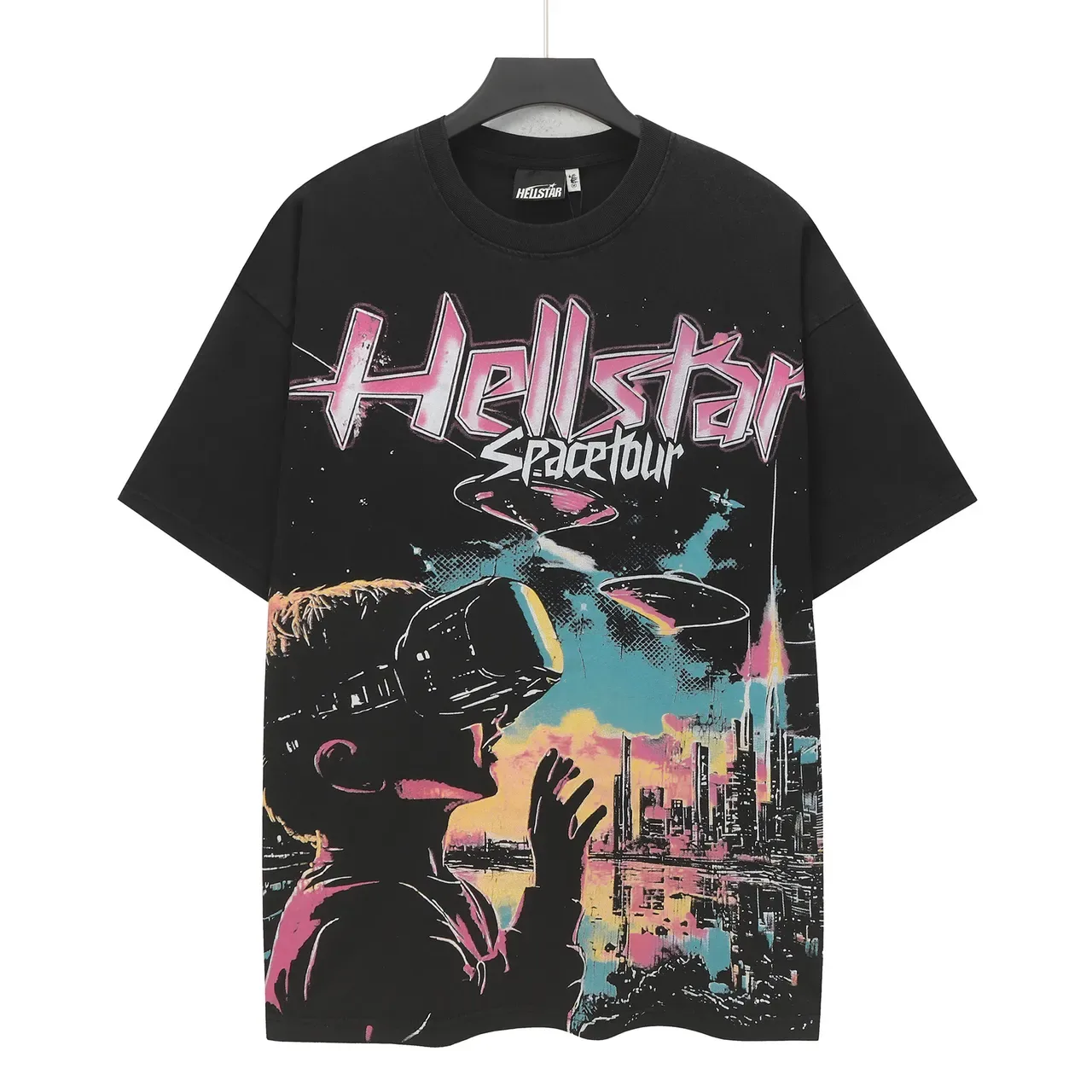 Hellstar Spacetour تي شيرت أسود أوفرسايز بطباعة جرافيك 3