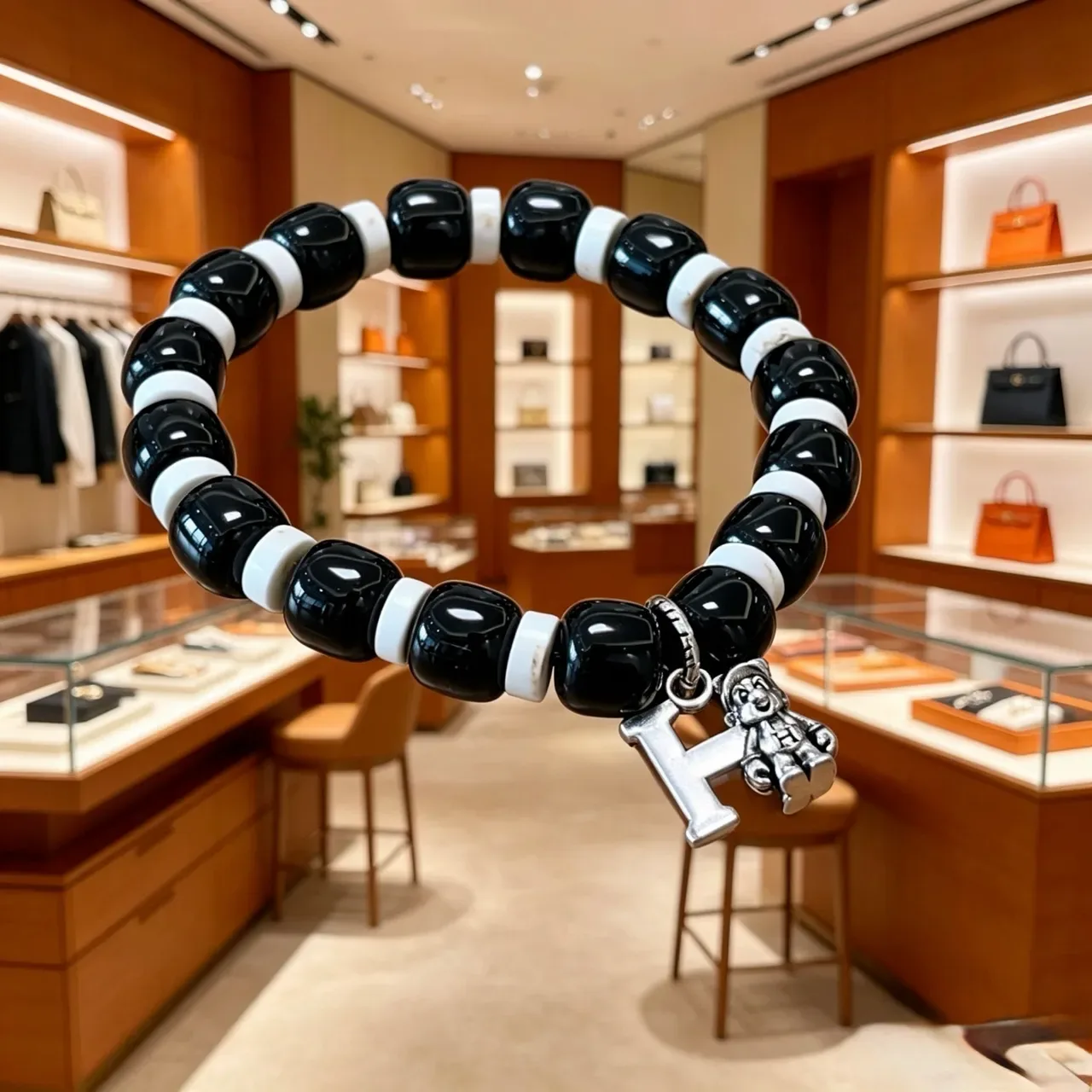 Hermès Black and White Beaded Charmed Bracelet 4