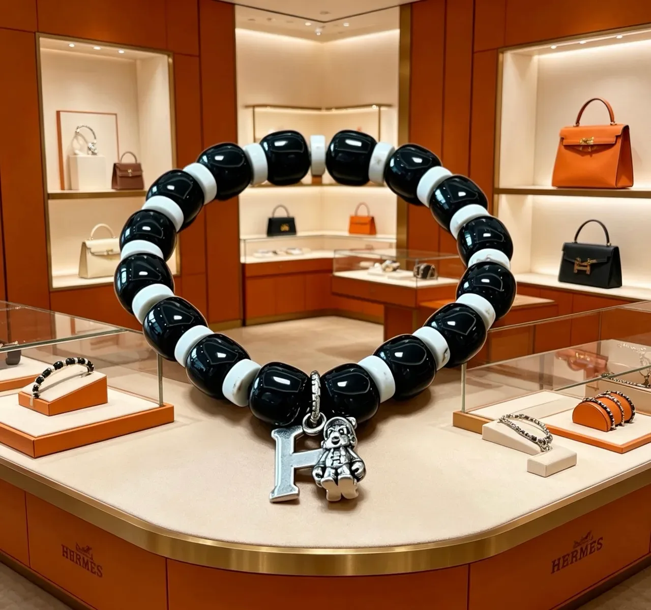 Hermès Black and White Beaded Charmed Bracelet 8