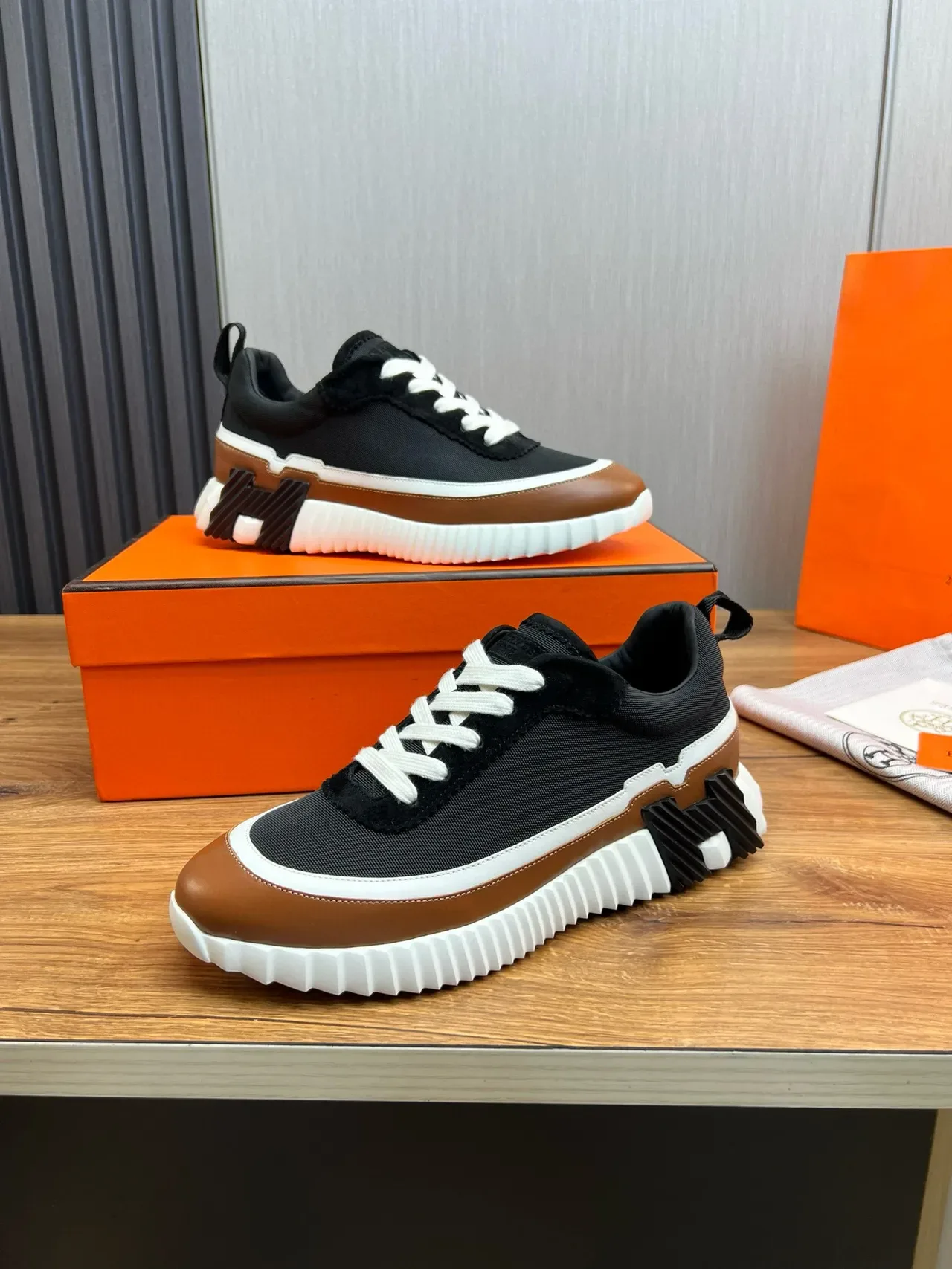 Hermès Black Brown Chunky Ridged Sole Mesh Upper Lifestyle Sneakers 4