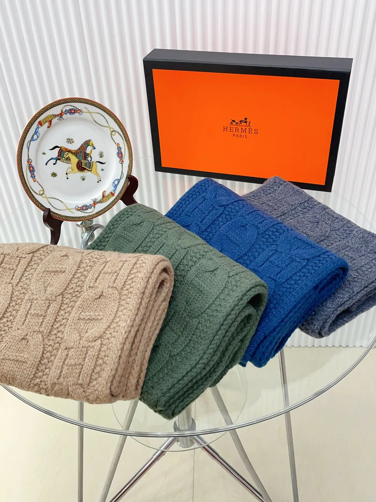 Hermès Blue Cable-Knit Chunky Ribbed Texture Cashmere Scarf 5